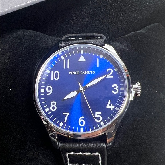 Vince Camuto Aldo Men's Watch w/1.5” Vibrant Blue Dial and Black Leather Band - Picture 2 of 7